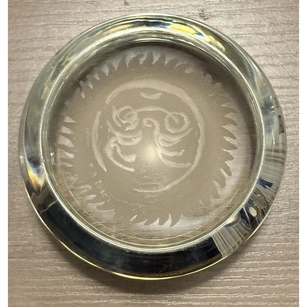 Vintage Glass Dome Paperweight Celestial Sun Face Etched 4